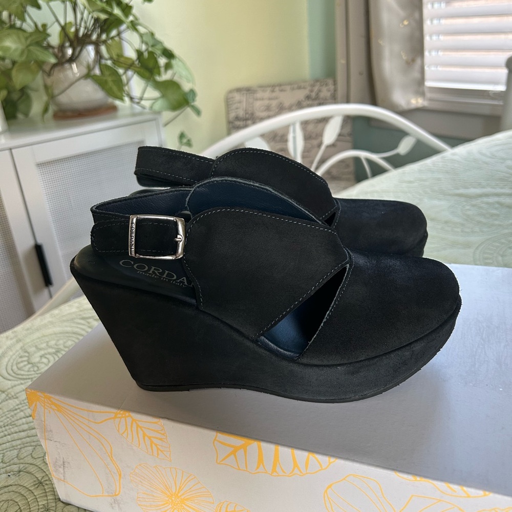 Cordani Black Wedge Sandals with Buckle